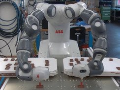 Kollaborativer 14-Achs-Roboter greift sich die Schokoladenstücke, Positionserkennung mit integrierten Visionkameras